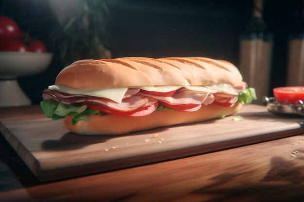 Sándwich de baguette submarino casero con jamón queso tocino tomate lechuga pepino y cebolla AI generado