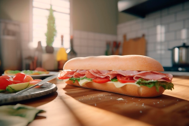Sándwich de baguette submarino casero con jamón queso tocino tomate lechuga pepino y cebolla AI generado