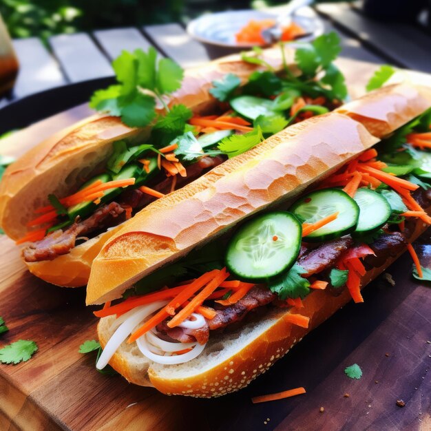 Foto sándwich bahn mi a la mitad deliciosa comida callejera vietnamita con carne de cerdo al vapor pan zanahoria