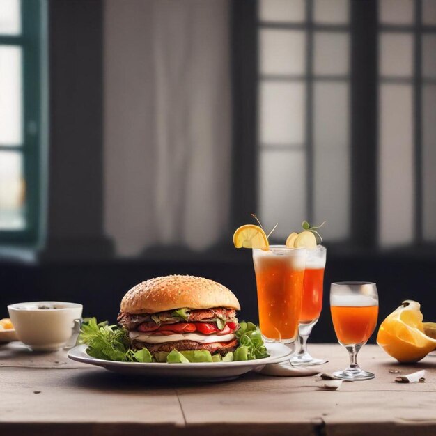 un sándwich y bebidas en una mesa con dos vasos de jugo