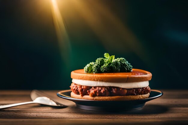 Foto un sándwich con brócoli y un plato con un pedazo de carne