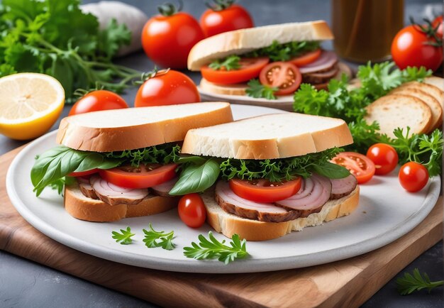 Foto sandwich, brot, tomaten, wurst, zwiebeln, grünes, käse usw.