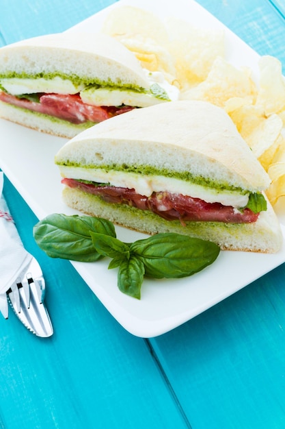 Sándwich caprese gourmet con patatas fritas al lado.