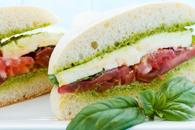 Sándwich caprese gourmet con patatas fritas al lado.