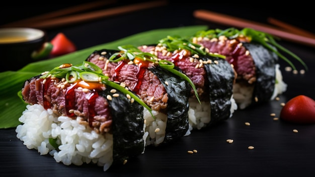 Foto sándwich de carne y arroz musubi saludable casero