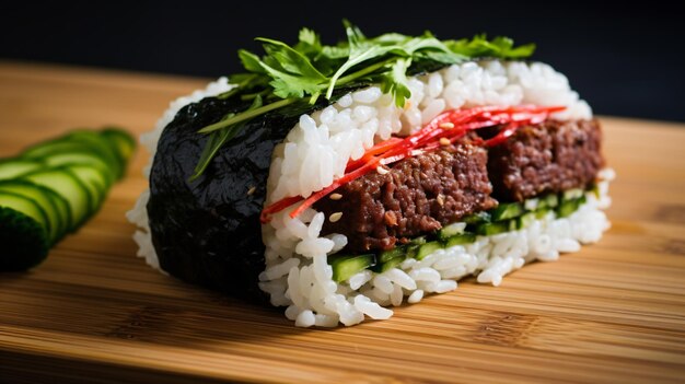 Foto sándwich de carne y arroz musubi saludable casero