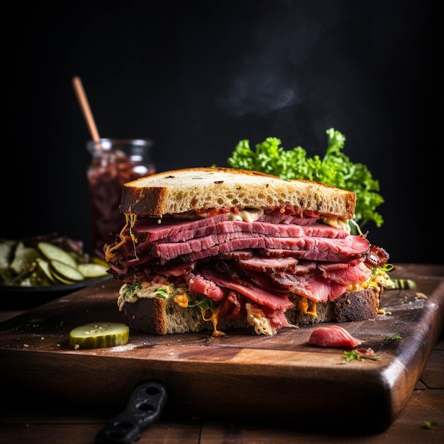 Sándwich con carne asada y pepino en vinagre en una tabla de madera