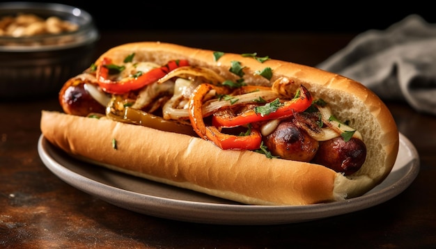 Sándwich de carne a la parrilla con papas fritas de perrito caliente y ketchup generado por inteligencia artificial