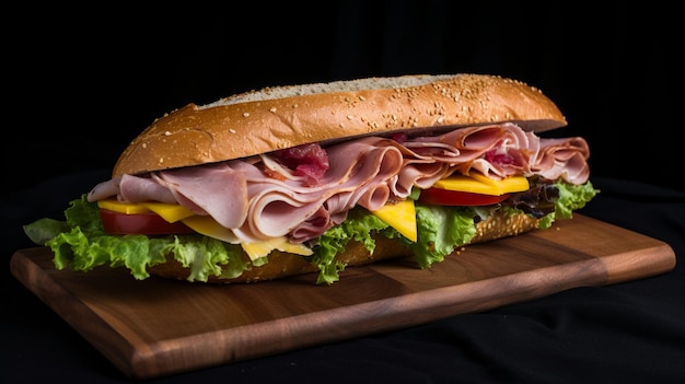 Un sándwich con carne, queso y lechuga sobre una tabla de madera.