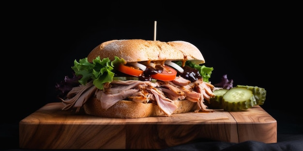 Un sándwich con carne y verduras en una tabla de madera.