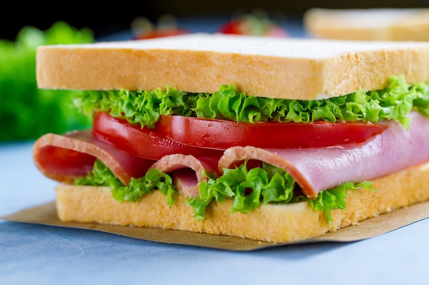 Sandwich casero con jamón, pan tostado y verduras frescas de cerca en surfce azul