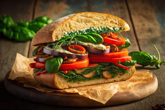 Sándwich casero panini con tomates y lechuga en bollo suave sobre fondo oscuro