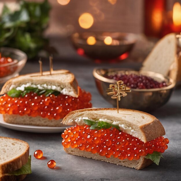 Foto sándwich con caviar rojo