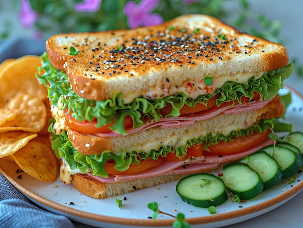 Sándwich clásico con lechuga, tomate y queso en un plato