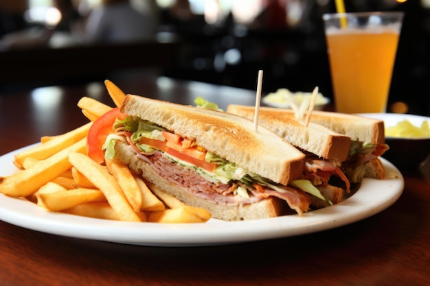 Un sándwich clubhouse bien tostado con patatas fritas al lado