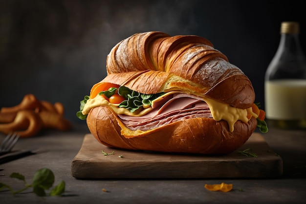 Sándwich de croissant con ilustración de jamón y queso IA generativa