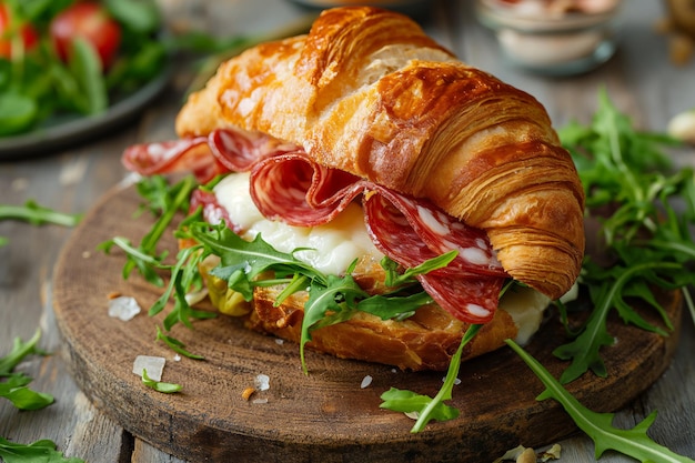 Sándwich de croissant con salami de queso y rúcula en la tabla de cortar en una mesa de madera