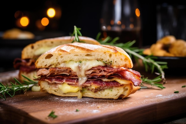 Foto sándwich crujiente a la parrilla con tocino y queso brie derretido prensado por un ladrillo