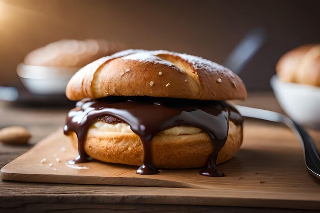 Un sándwich cubierto de chocolate con un glaseado de chocolate encima.