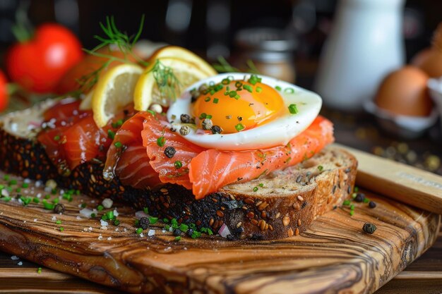 Foto sándwich danés smorrebrod con salmón y huevo en tabla de madera se sirve cocina tradicional danesa