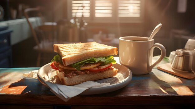 Sándwich para el desayuno con lechuga de tomate de pan y queso amarillo