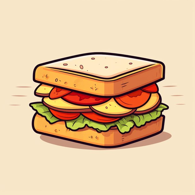 un sándwich de dibujos animados con tomate y queso en un fondo blanco