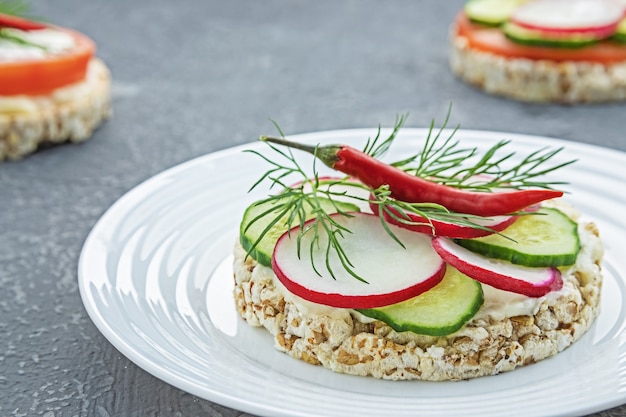 Sándwich de dieta con verduras en placa sobre superficie de hormigón