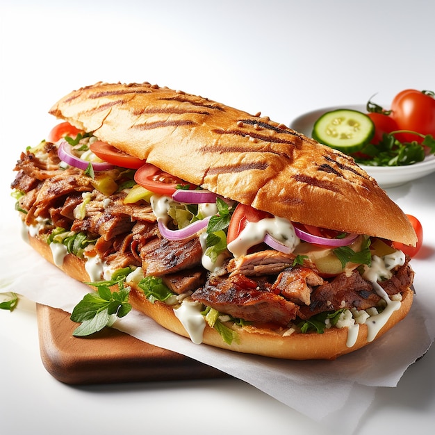 Sándwich de doner de pollo turco con pide sobre fondo blanco concepto de comida rápida