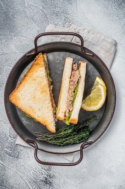 Foto sandwich de ensalada de atún con lechuga de queso y hierbas fondo blanco vista superior