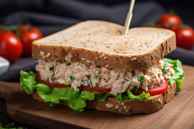 Sándwich de ensalada de atún en pan de grano entero con lechuga y tomate creado con ai generativo