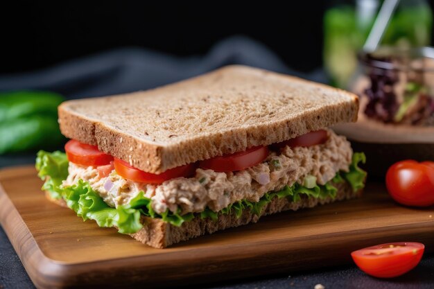 Sándwich de ensalada de atún sobre pan integral tostado con lechuga y tomate creado con ai generativa