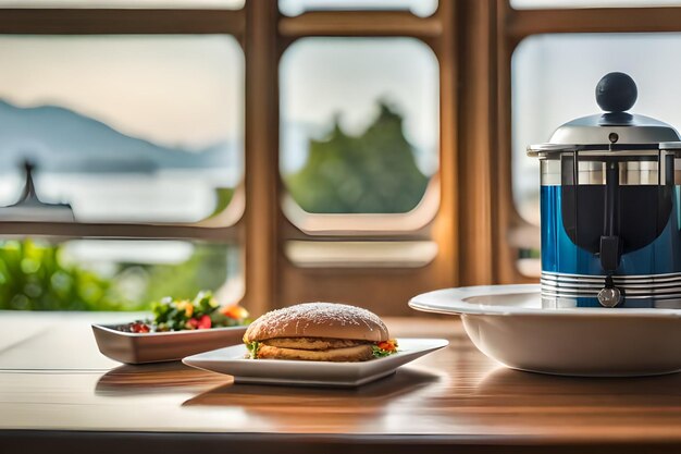 Un sándwich y ensalada sobre una mesa con una botella de líquido azul.