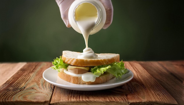 El sándwich está lleno de ingredientes frescos apetitosos y la mayonesa ai generada