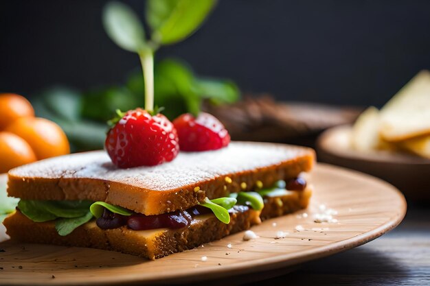 un sándwich con fresas en un plato de madera