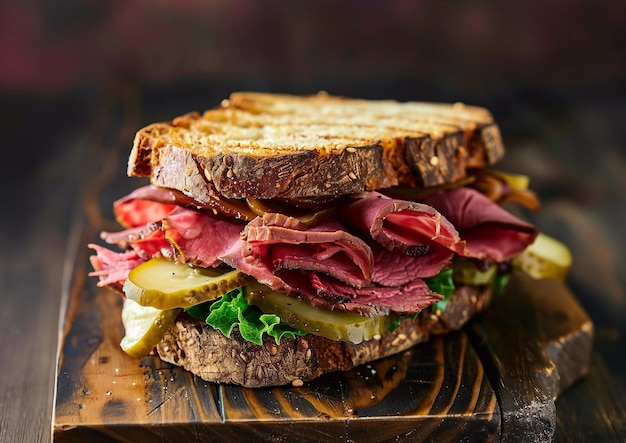 Sándwich fresco de carne asada con ensalada y tomates en la mesa del café adecuado para el almuerzoAI Generative