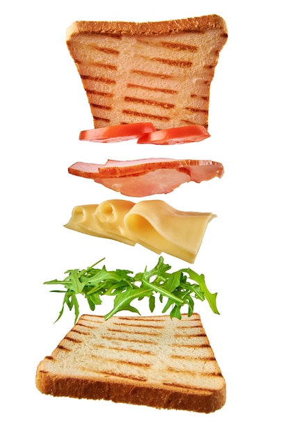 Foto sándwich fresco con ingredientes voladores