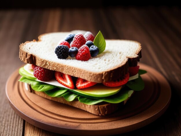 Un sándwich con fruta y una rebanada de pan.