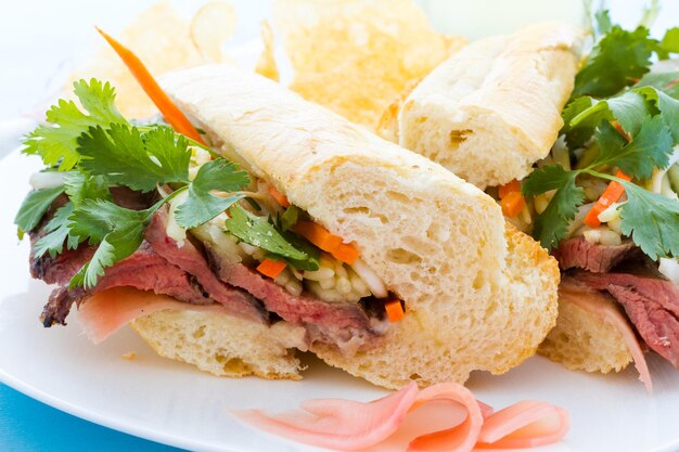 Sándwich gourmet banh-mi con patatas fritas a un lado.