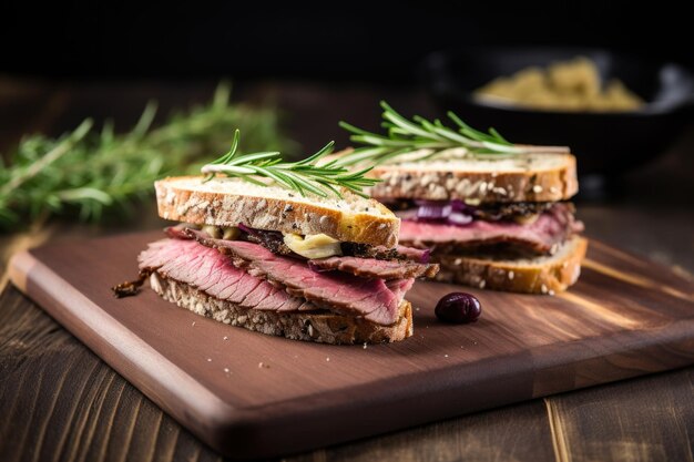 Foto sándwich gourmet con rosbif y romero en un plato de pizarra