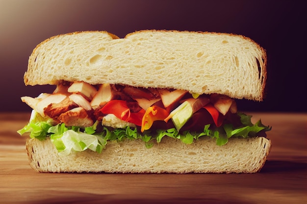 Sándwich grande para el almuerzo con ensalada de tomate, lechuga, queso, carne Cerrar
