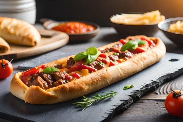 un sándwich grande con carne, verduras y queso sobre una mesa de madera.