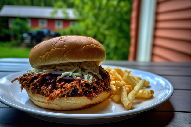 Un sándwich con una guarnición de papas fritas y una casa roja al fondo.