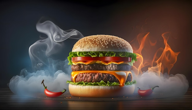 Sándwich de hamburguesa grande caliente comida de humo