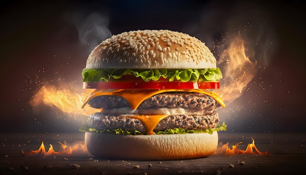 Sándwich de hamburguesa grande caliente de humo de comida