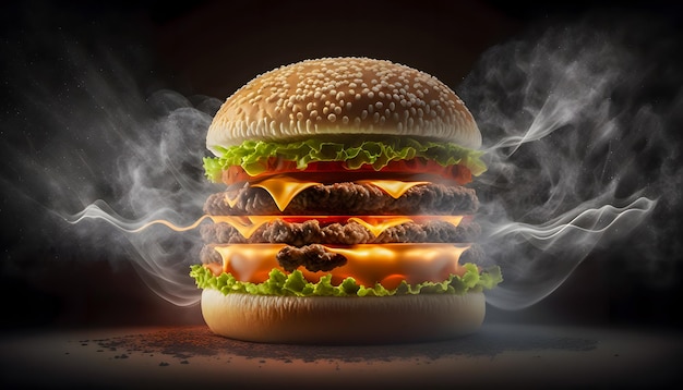 Sándwich de hamburguesa grande y caliente con humo