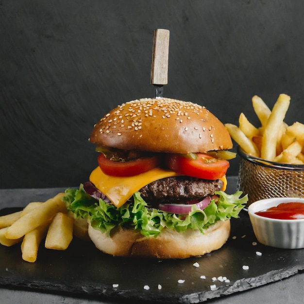 Foto un sándwich de hamburguesa con queso con tomate y lechuga en fondo negro