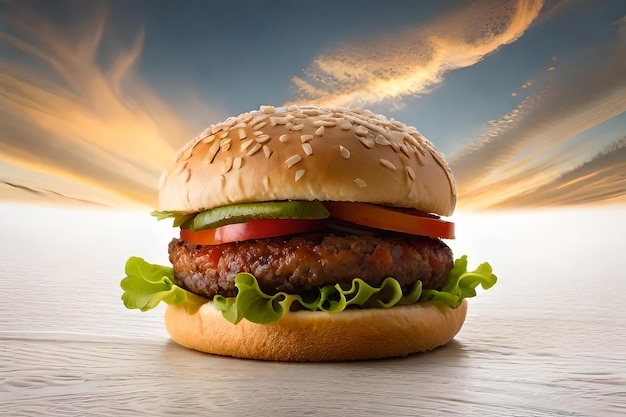 sándwich de hamburguesa y verduras deliciosas con el cielo en el fondo tiro realista