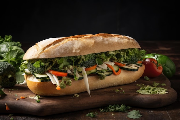 Sándwich hecho con pesto mozzarella y vegetales para una comida fresca y sabrosa