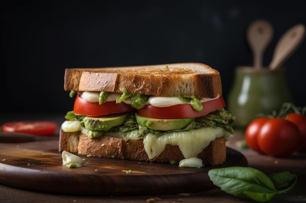 Sándwich hecho con pesto mozzarella y vegetales para una comida fresca y sabrosa