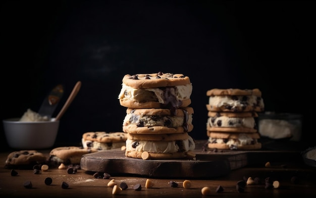 Sándwich de helado de masa de galleta con chispas de chocolate IA generativa